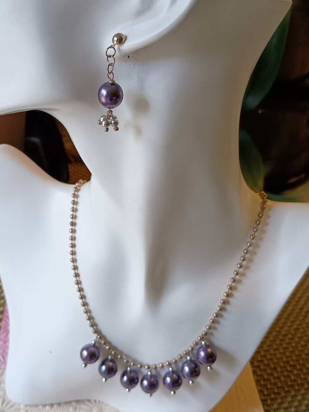 Artisan Necklace Matching Earrings Glass Pearls on Silver Plated Ball Chain